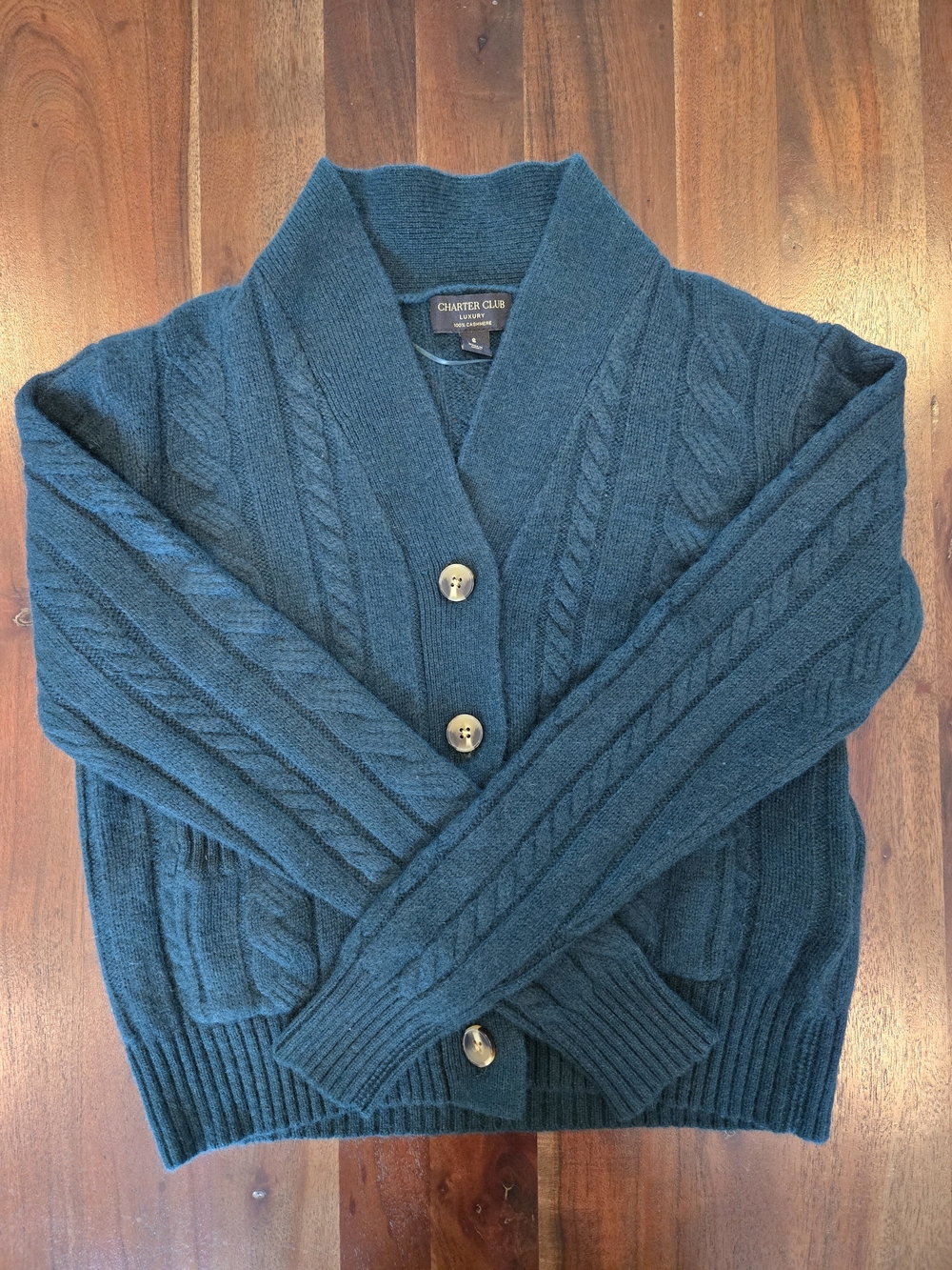 Charter Club Luxury 100% Cashmere Cable Knit Shawl Cardigan Sweater Green Small